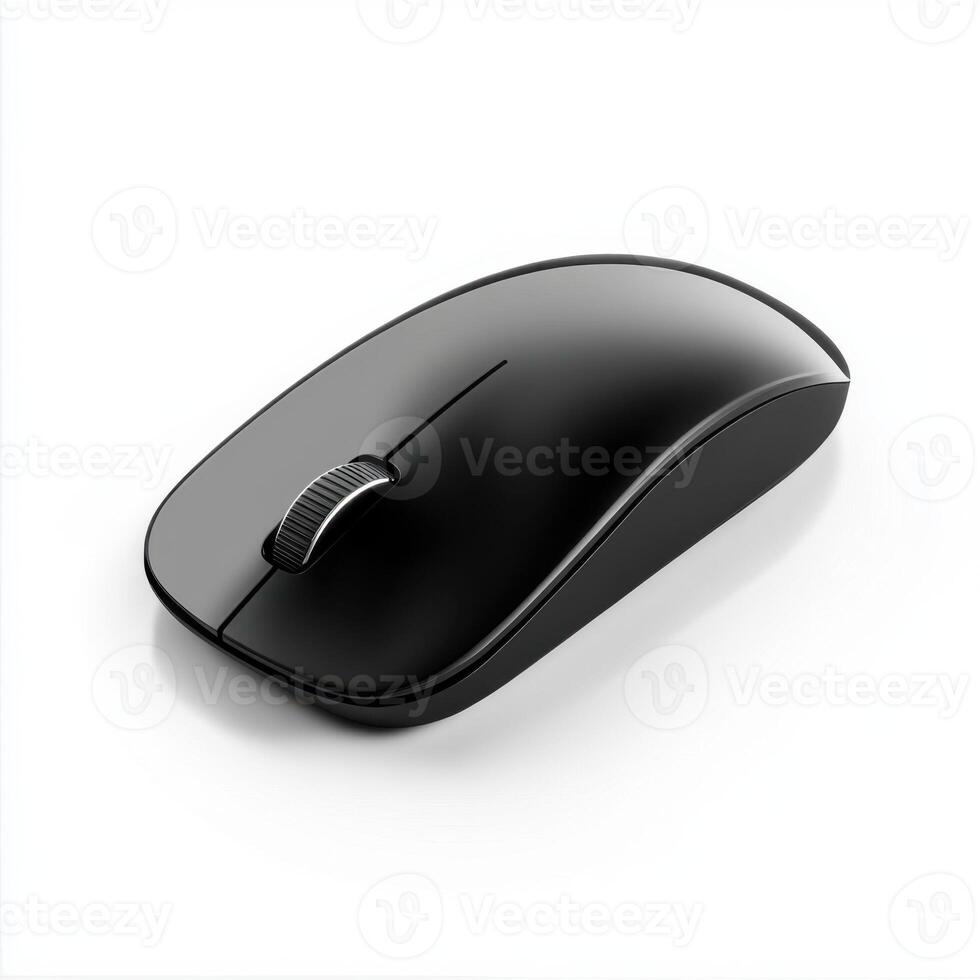 Wireless black computer mouse on a white background showcasing sleek design and modern technology for efficient use photo