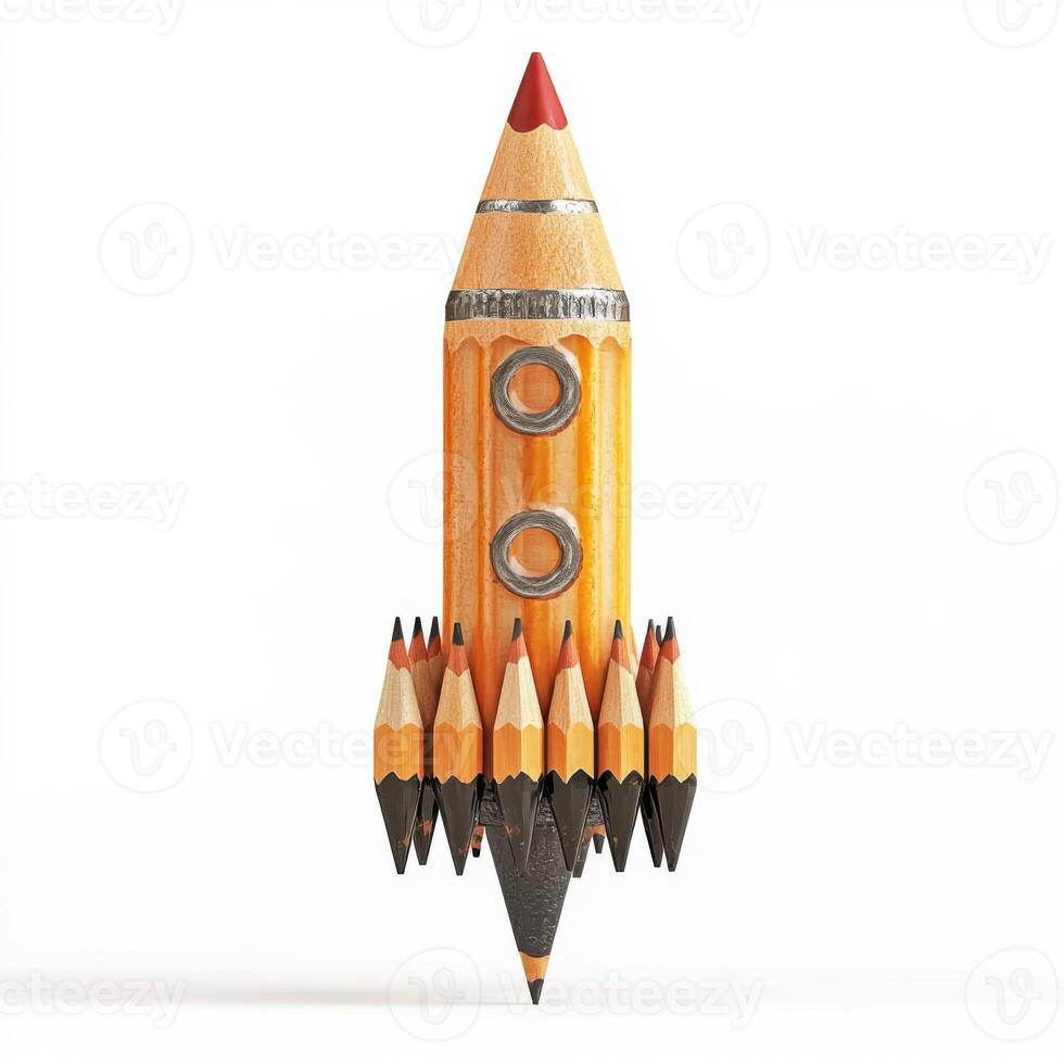 Creative pencil rocket model showcasing innovative design and artistic imagination in a minimalistic setting photo