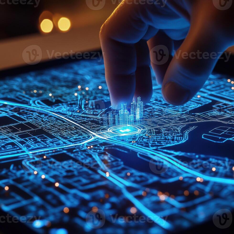 Digital map exploration with a hand manipulating a 3D city model in a futuristic setting photo