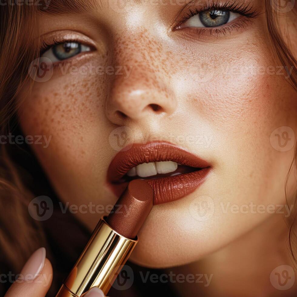 Close-up of a woman applying lipstick in a natural lighting setup showcasing flawless skin and stylish makeup details photo