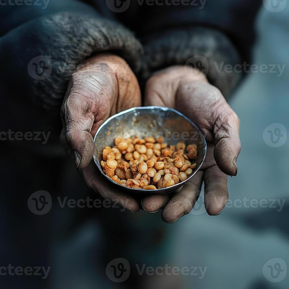 Hands holding a silver bowl filled with food in a somber setting during the day photo