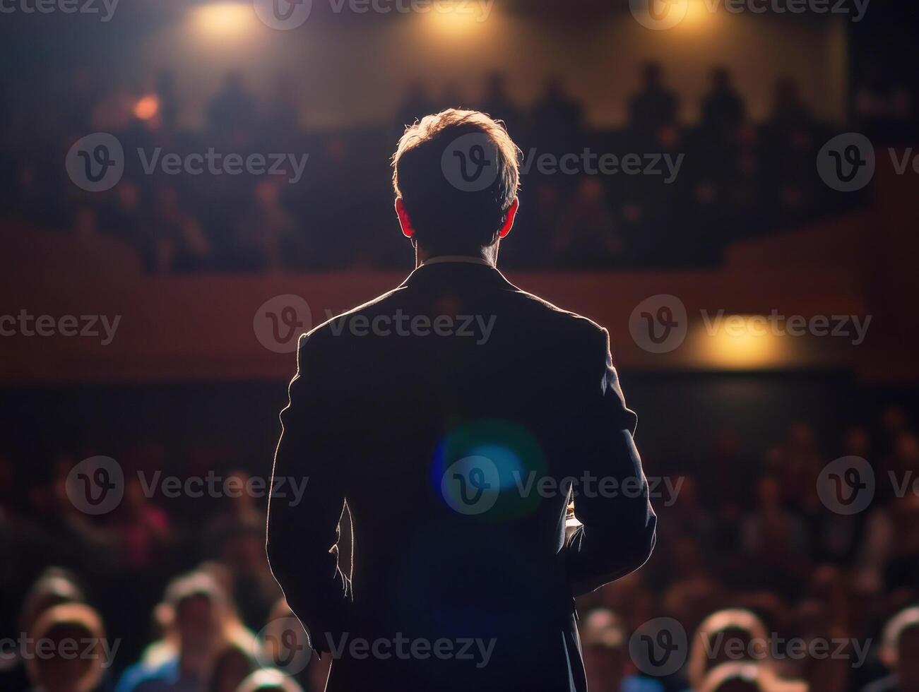 Engaging speaker captivates audience in a well-lit auditorium during a motivational event photo