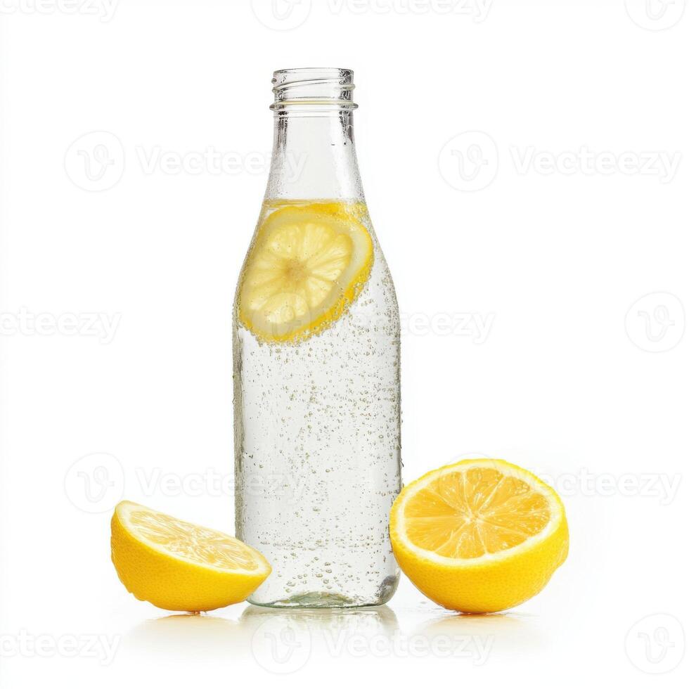 Refreshing lemon-infused sparkling water in a glass bottle with sliced lemons on a white background photo