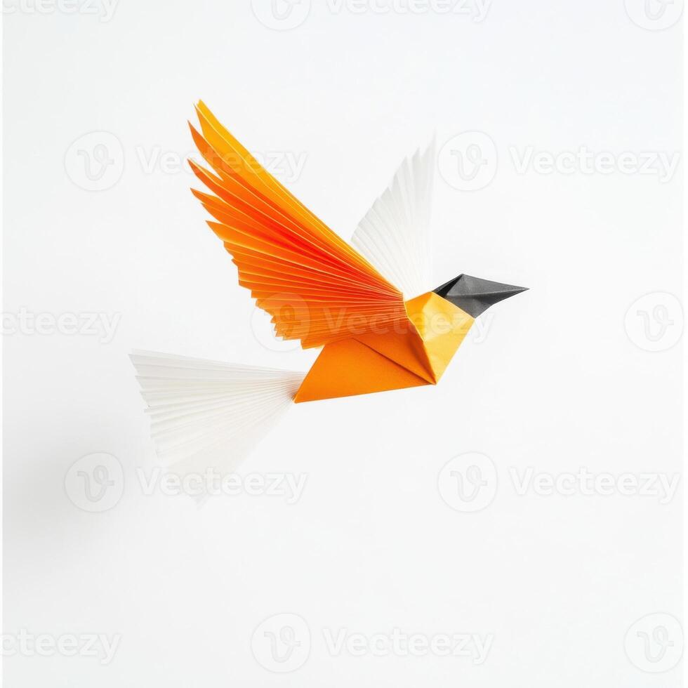 Colorful origami bird in mid-flight showcasing intricate paper folding techniques and vibrant hues photo