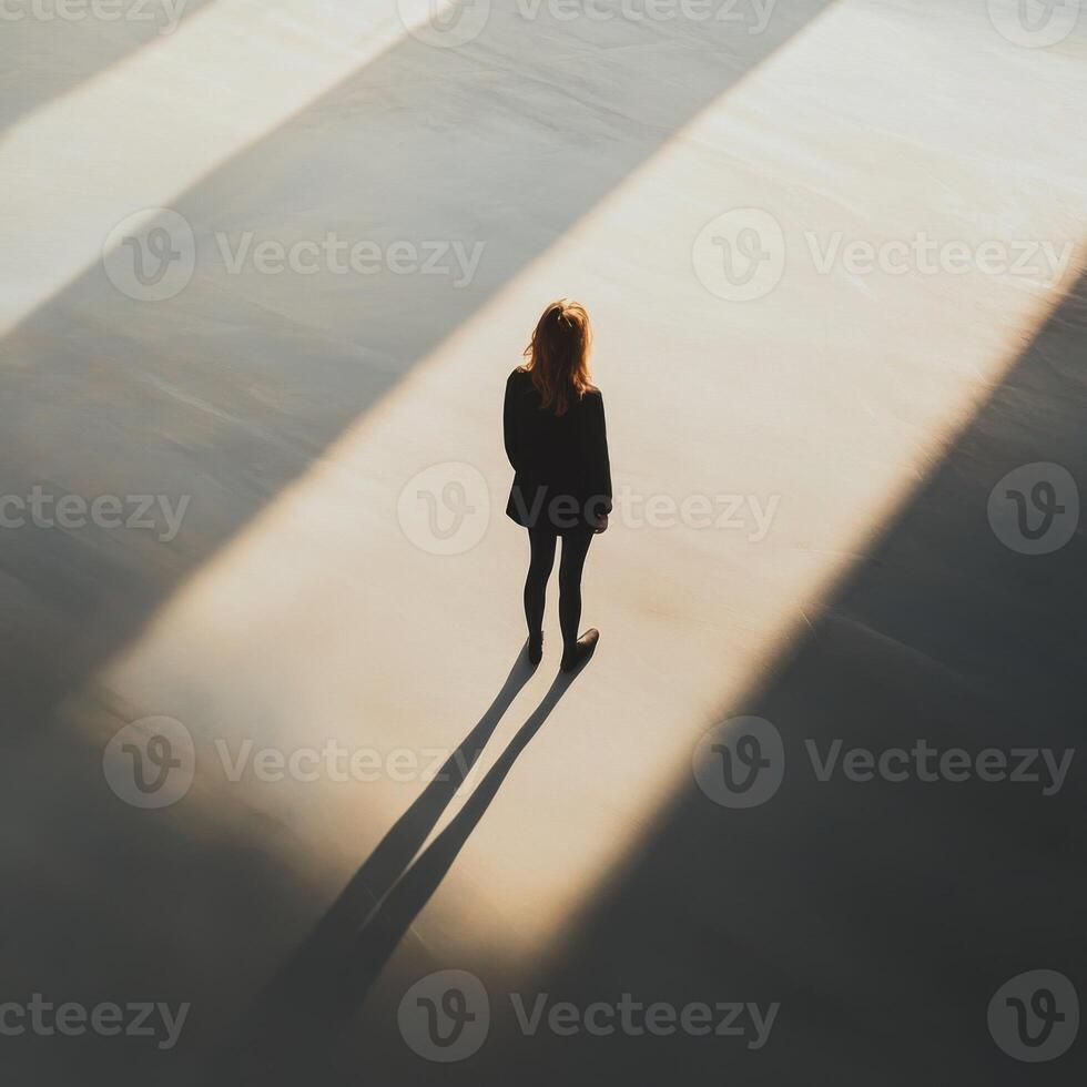 Solitary figure standing in sunlight beams on an empty floor in a modern indoor space photo