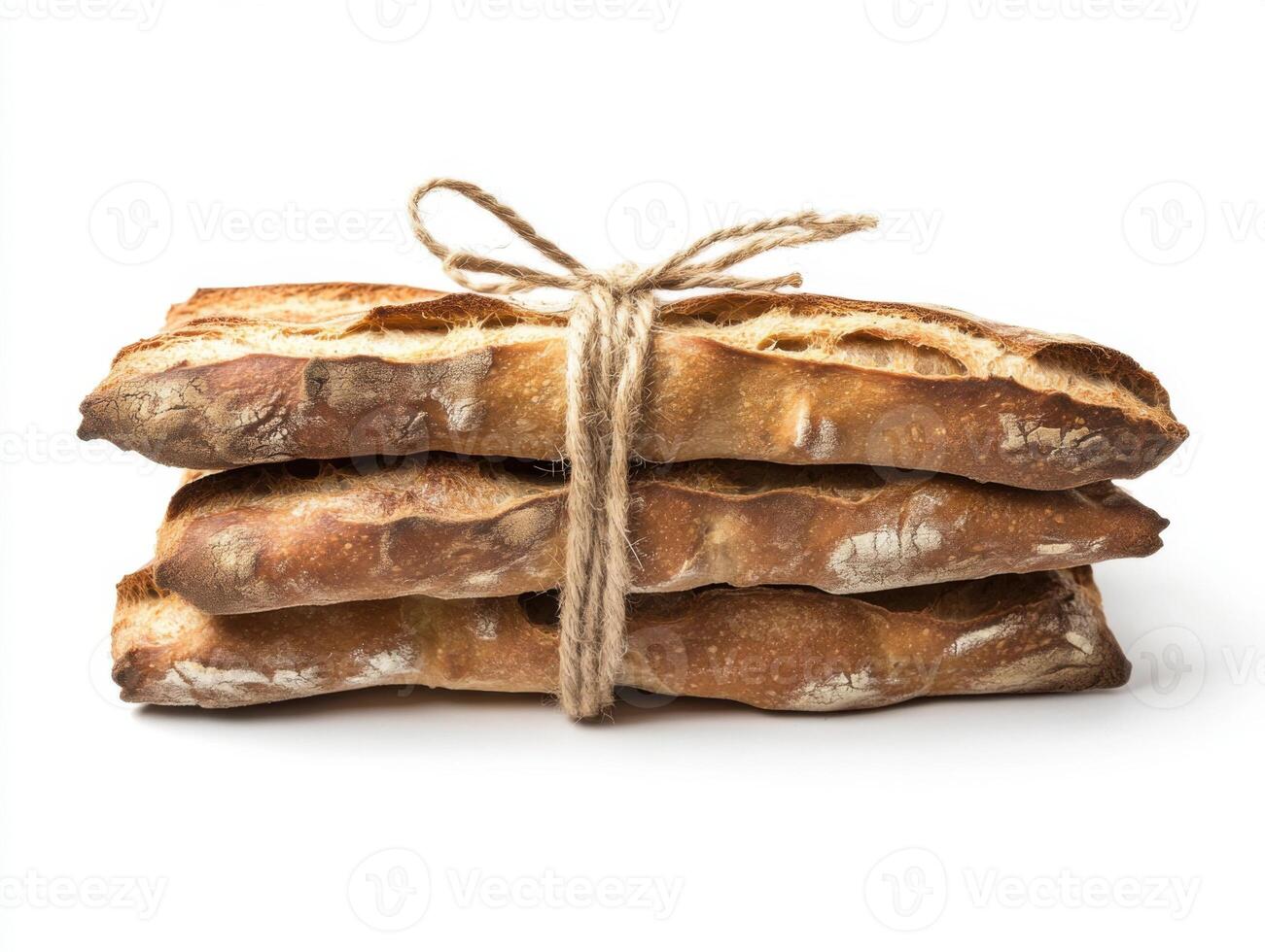 Freshly baked bread loaves tied with string, showcasing artisan craftsmanship and rustic appeal photo