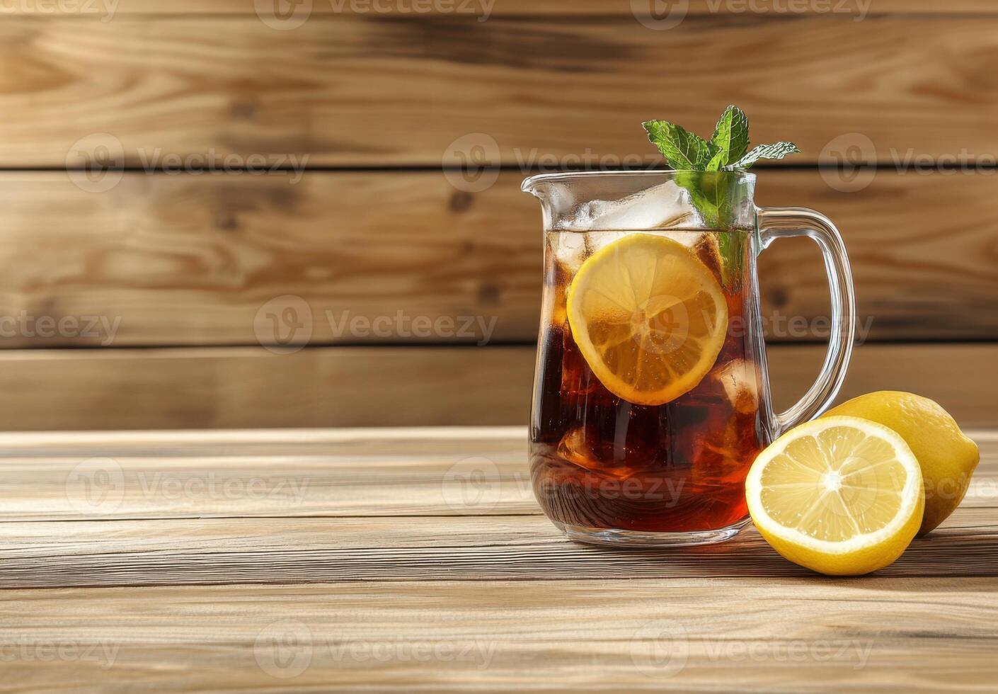 Refreshing iced tea with lemon served in a glass pitcher on wooden table photo