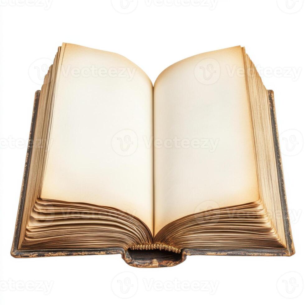 Old book with blank pages opened on display, highlighting the texture and craftsmanship of its binding and paper photo