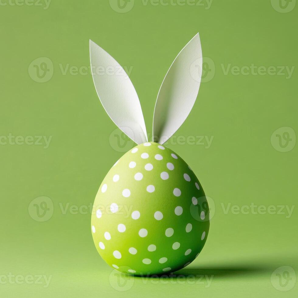Decorative green polka dot egg with paper ears on a light green background for Easter celebration preparations photo