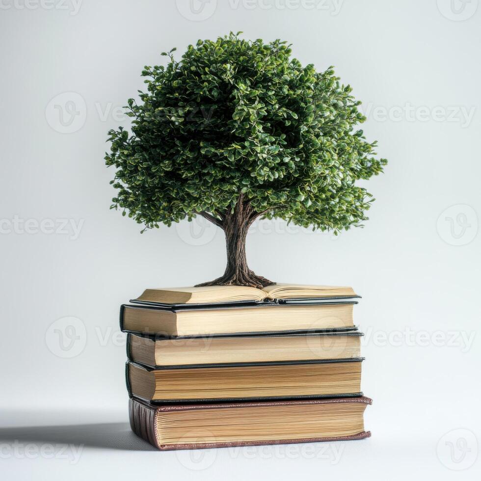 Books supporting a tree symbolize the importance of knowledge and nature in a minimalist setting photo