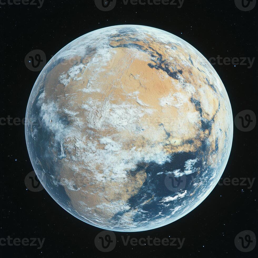 Detailed view of a distant exoplanet showcasing diverse terrain and atmospheric features in the cosmic expanse photo