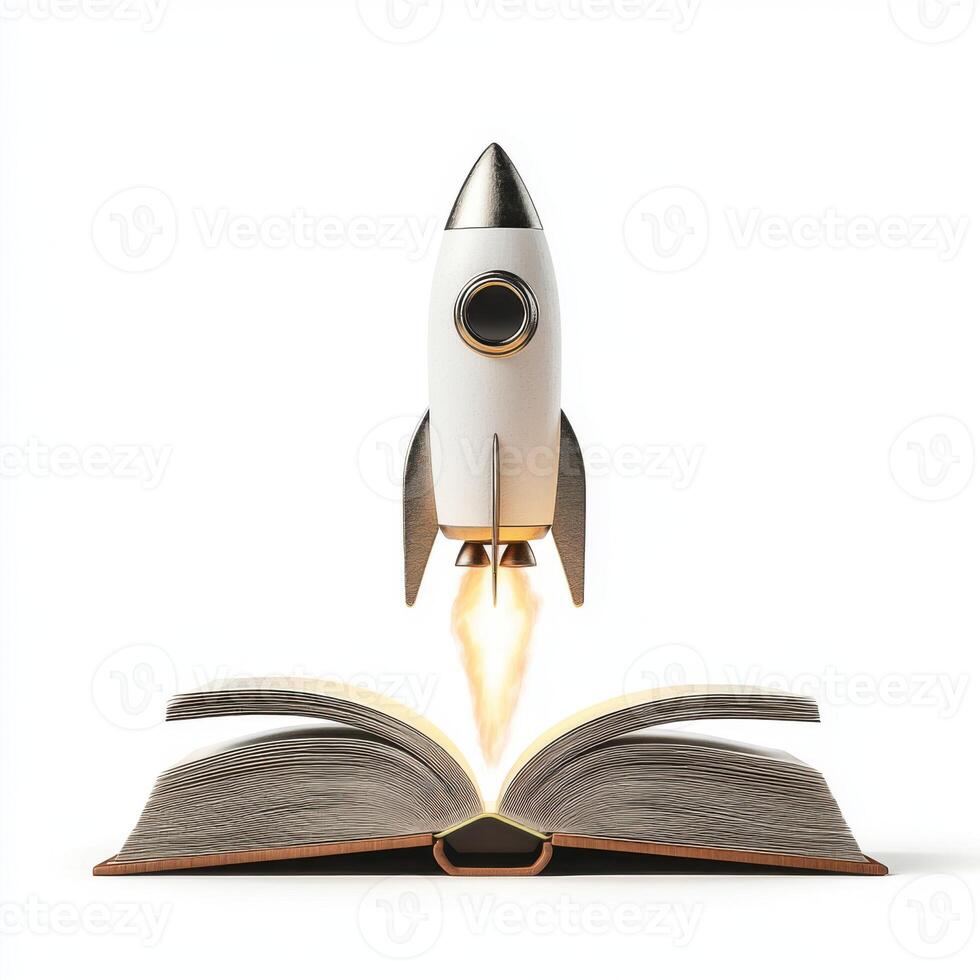 Rocket launch from an open book symbolizes creativity and imagination in education photo