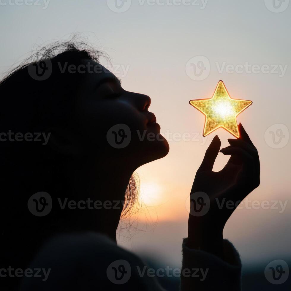 Woman holding star-shaped decoration against sunset silhouette near horizon while appreciating beauty of nature photo
