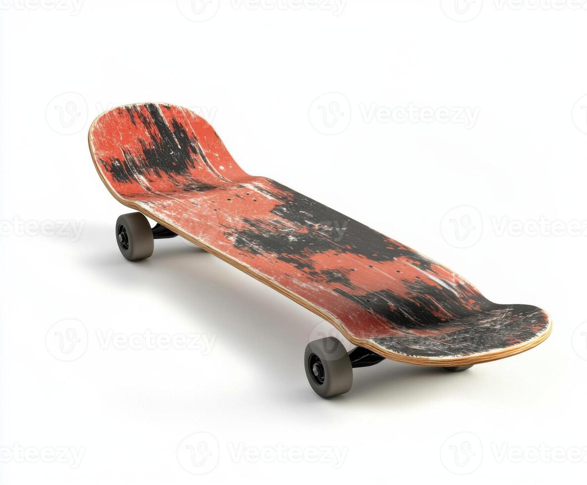 Vintage skateboard with worn red and black design on display against a white background photo