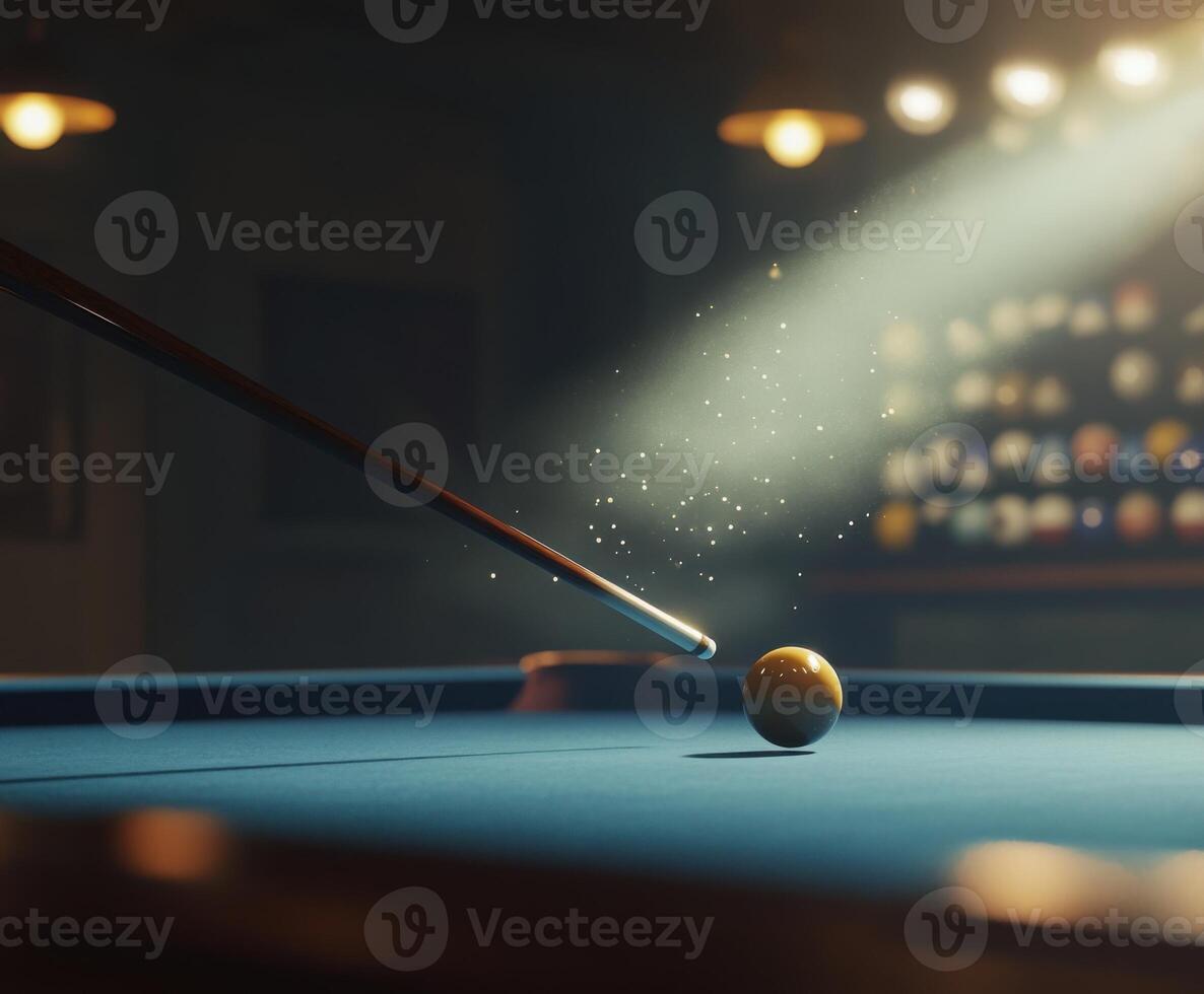 Playing billiards in a dimly lit bar with a focused shot on the cue ball and vibrant dust particles floating photo