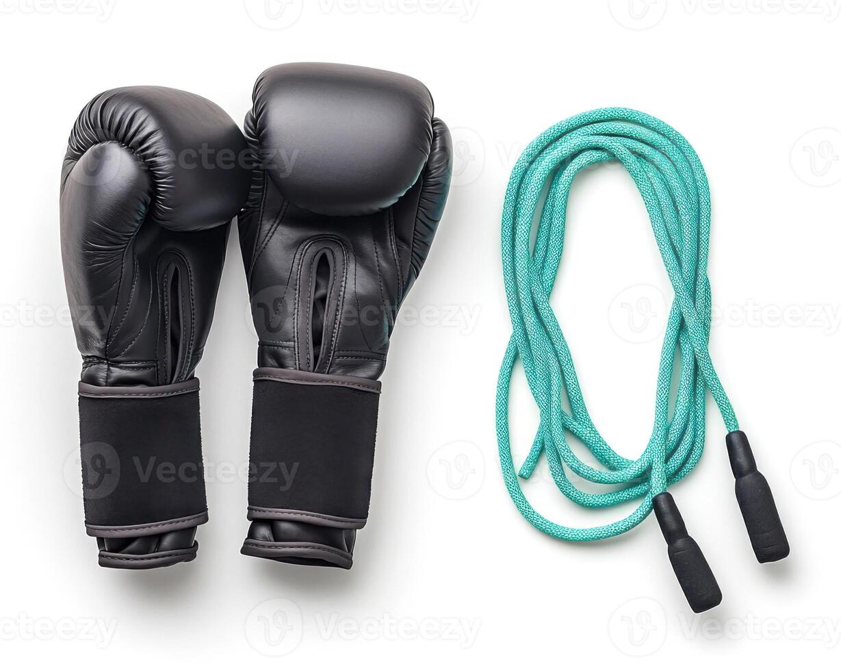 Boxing gloves and jump rope set for training and fitness routines at home or gym photo