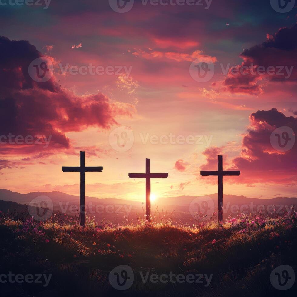 Sunset over three crosses on a hill with vibrant colors and serene landscape photo