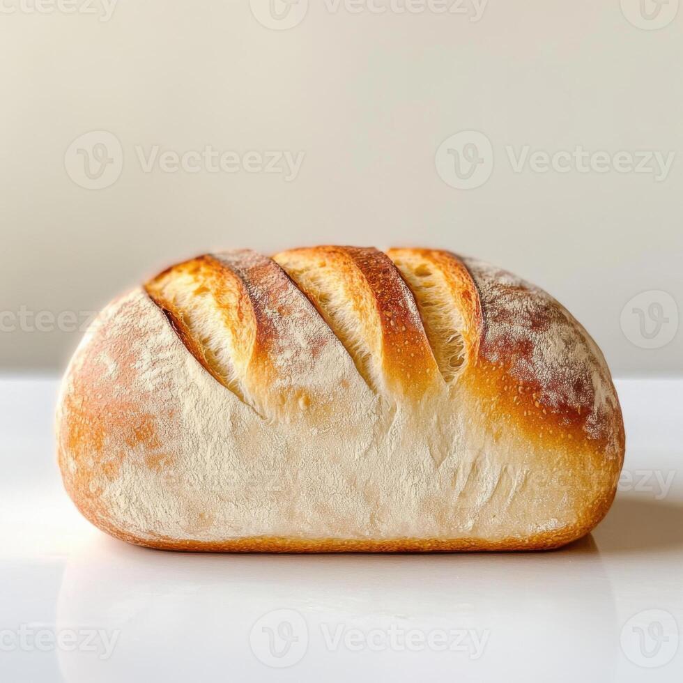 Freshly baked bread loaf resting on a white surface with golden crust and slashes on top photo