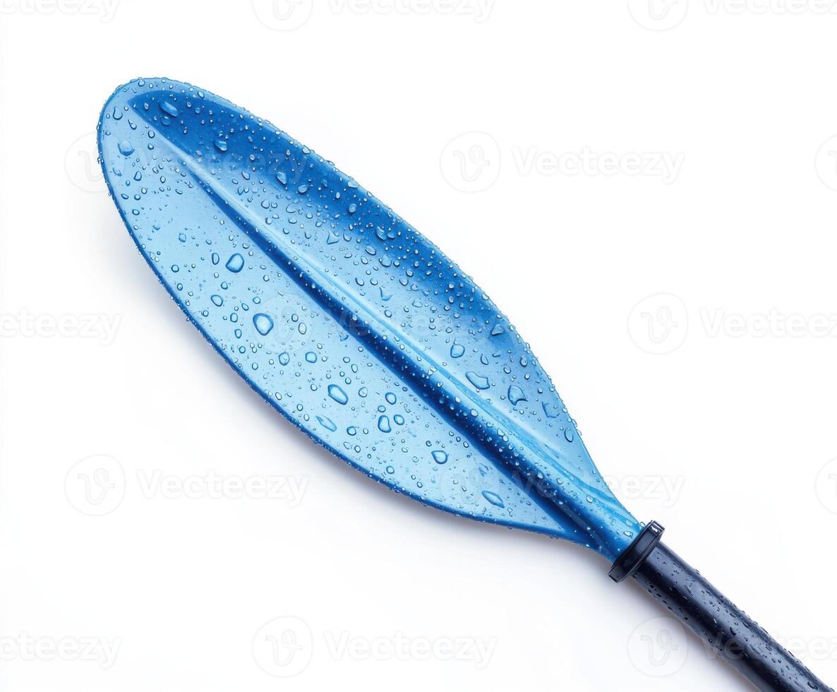 Bright blue kayak paddle with droplets of water resting on the blade against a white background photo