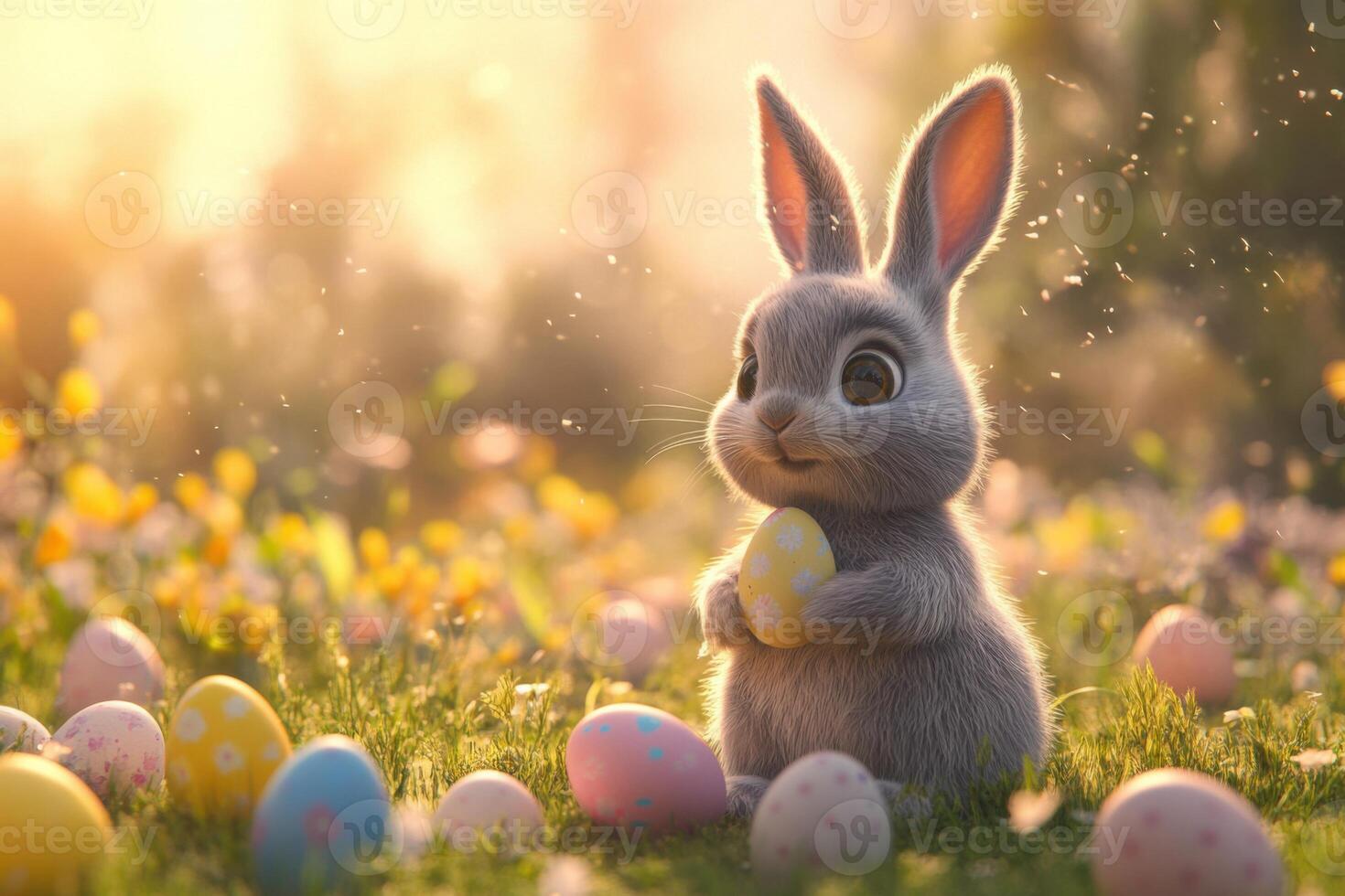Cute bunny with colorful eggs in a sunny spring meadow surrounded by flowers during Easter celebrations photo
