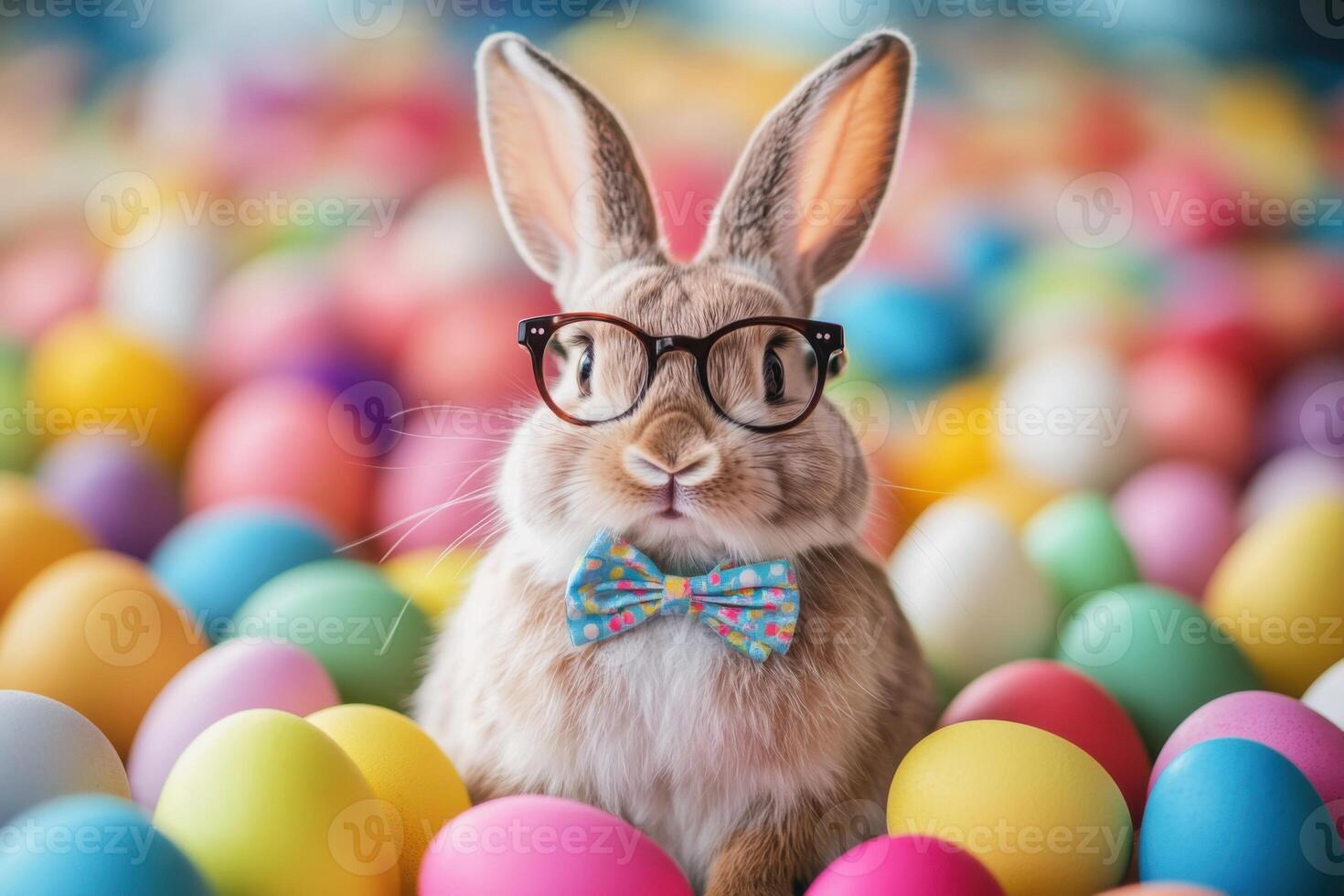 Cute rabbit wears glasses and a bow tie among colorful Easter eggs in a festive setting photo