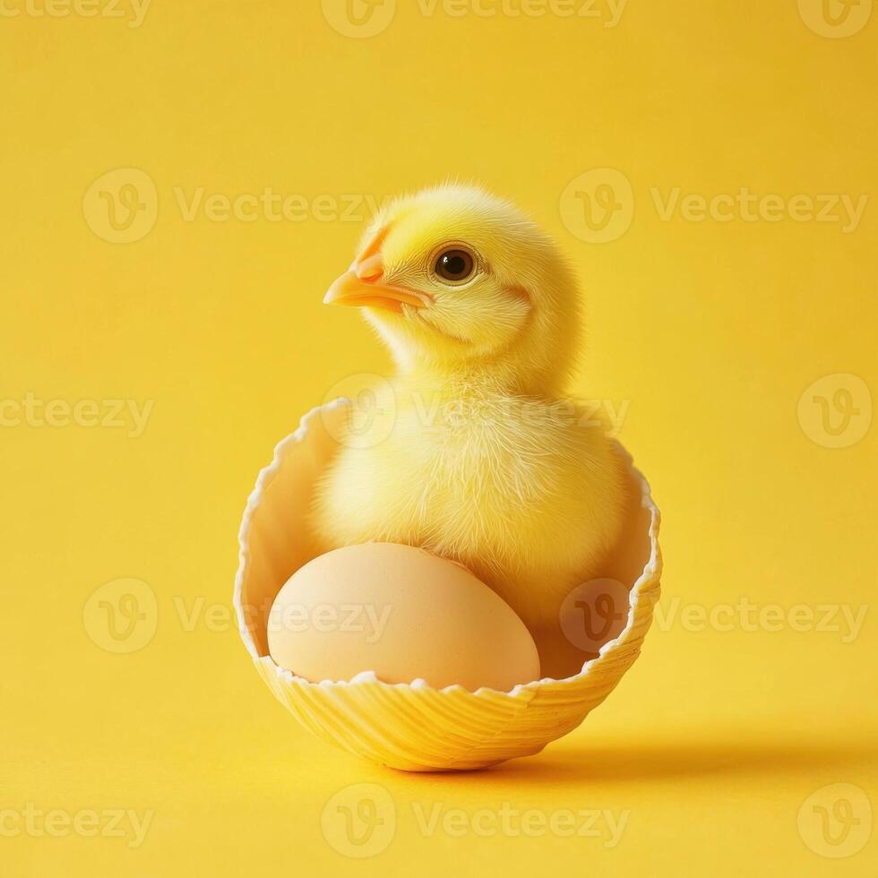 Cute chick hatches from eggshell with a bright yellow background during spring season photo