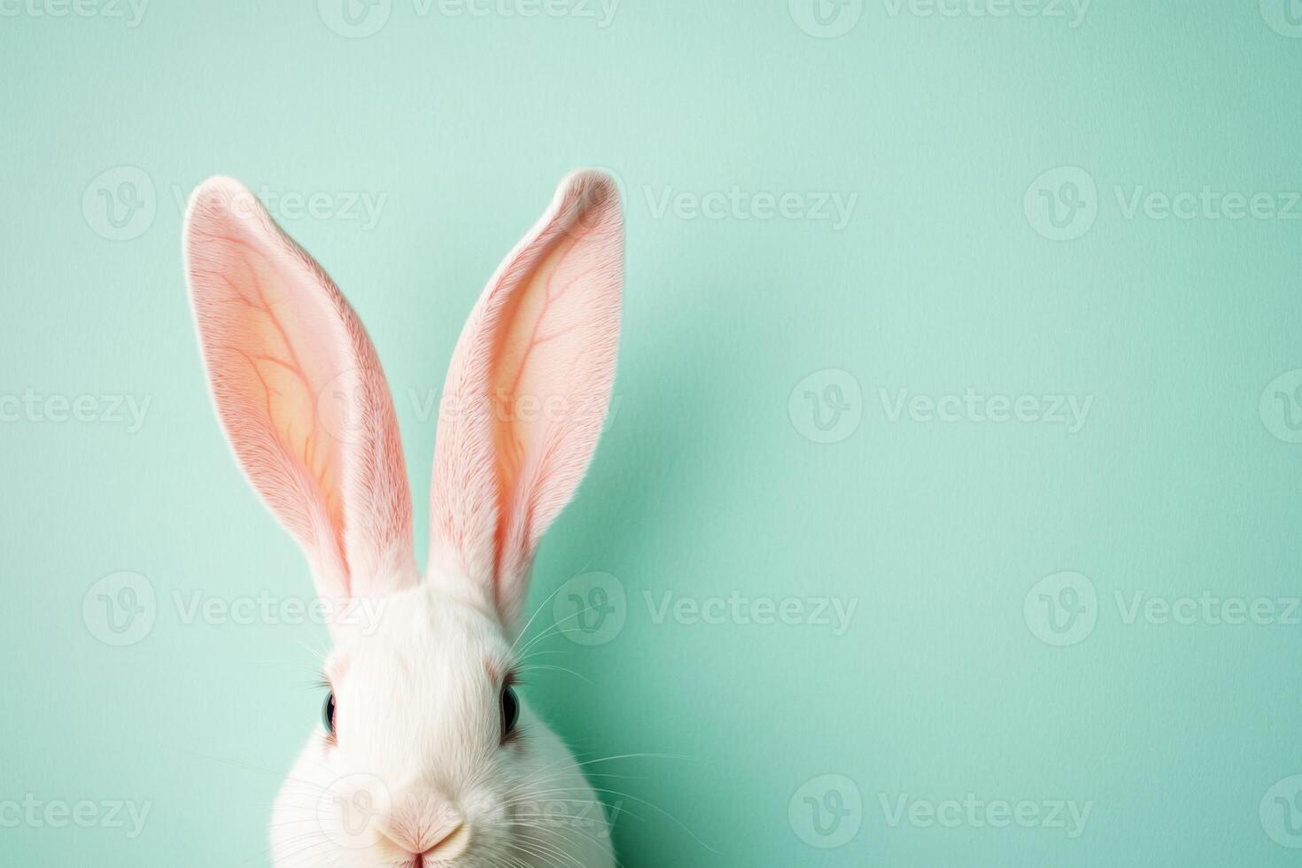 White rabbit with large ears against a light blue background, showcasing its adorable features and playful demeanor photo