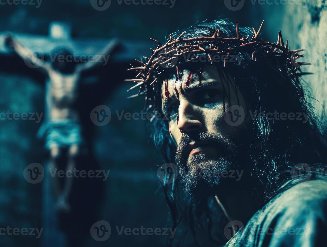 Depiction of a solemn figure reflecting on sacrifice in a dark setting with a crucifix in the background photo