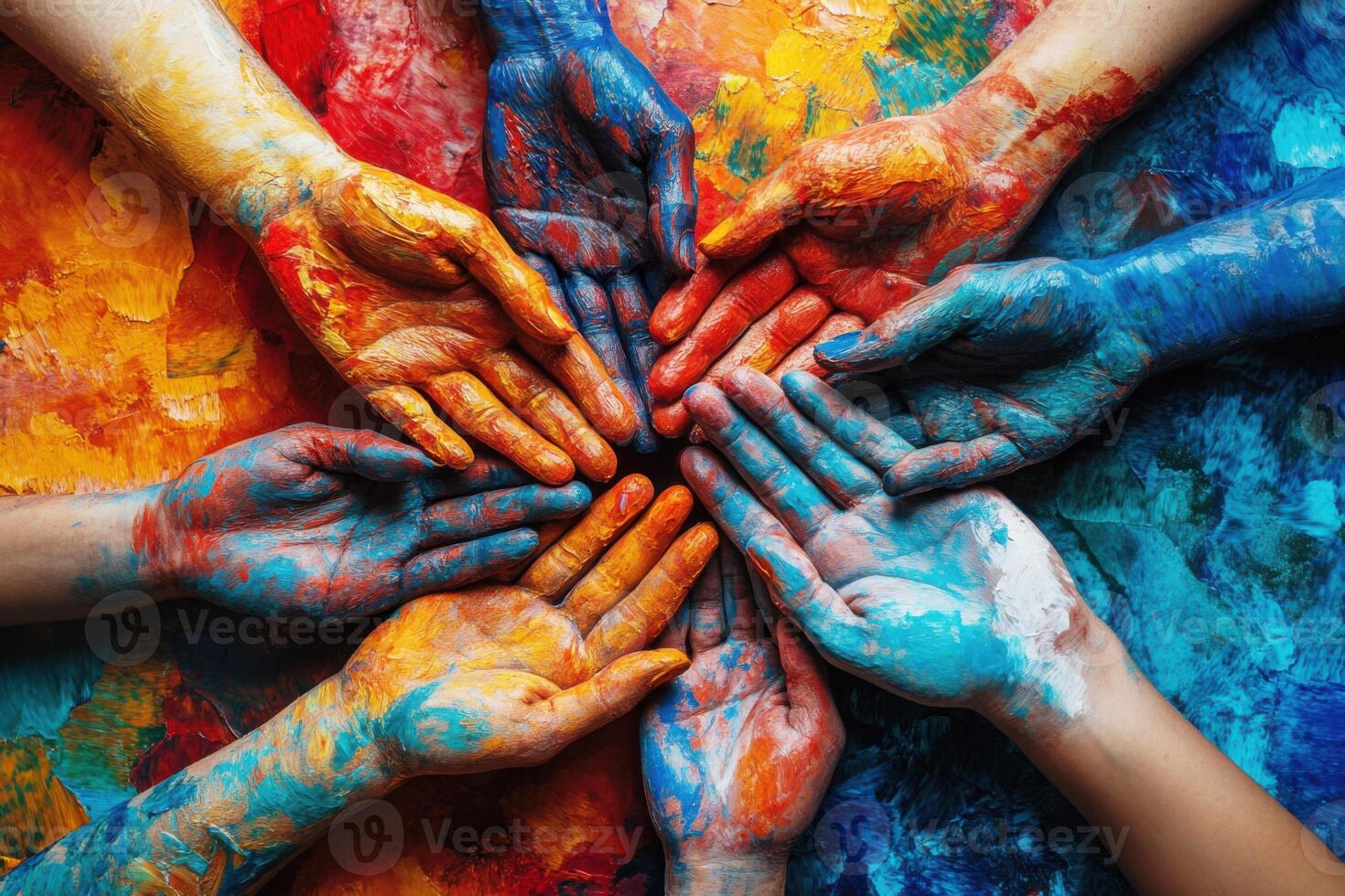 Hands in vibrant paint create a colorful display of creativity and collaboration at an art workshop photo