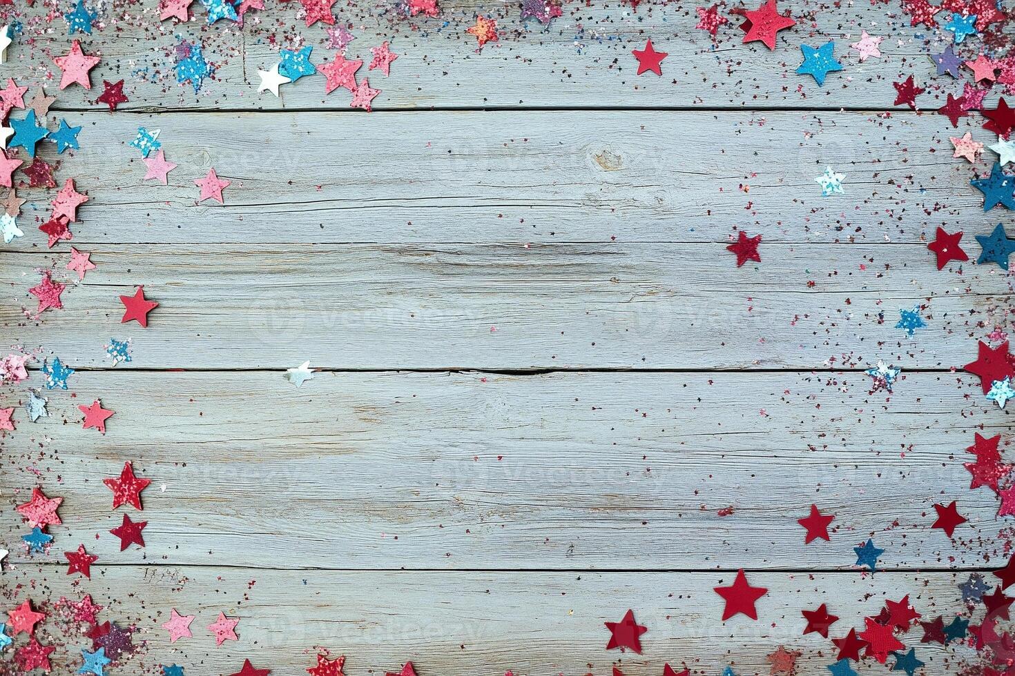Rustic wooden plank background with scattered red white and blue star-shaped confetti for festive patriotic celebrations - Variant 12 photo