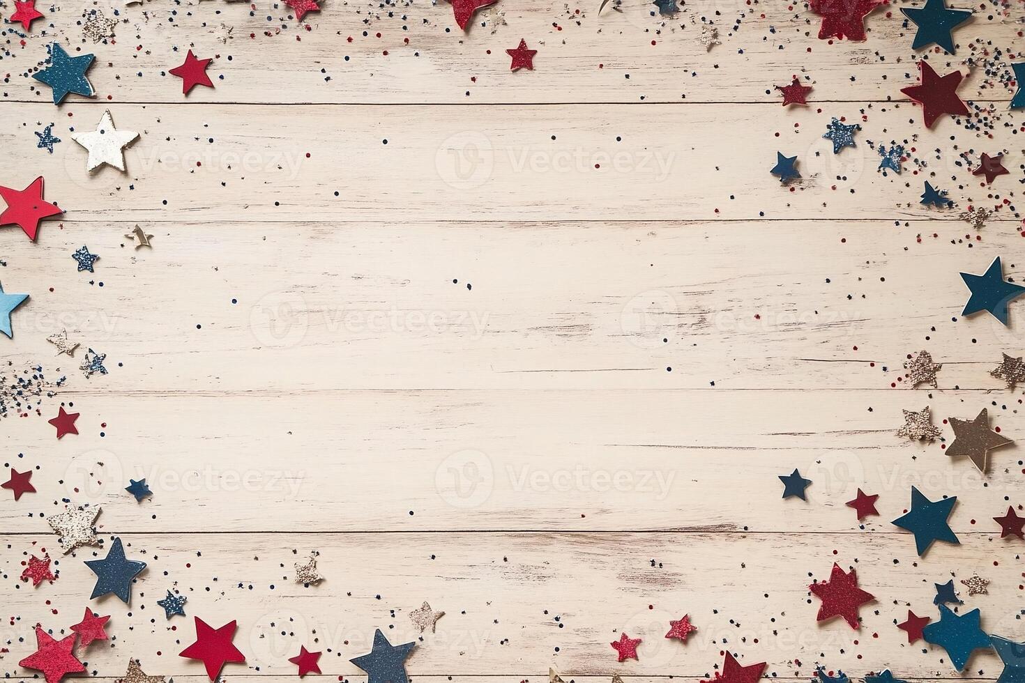 Rustic wooden plank background with scattered red white and blue star-shaped confetti for festive patriotic celebrations - Variant 13 photo