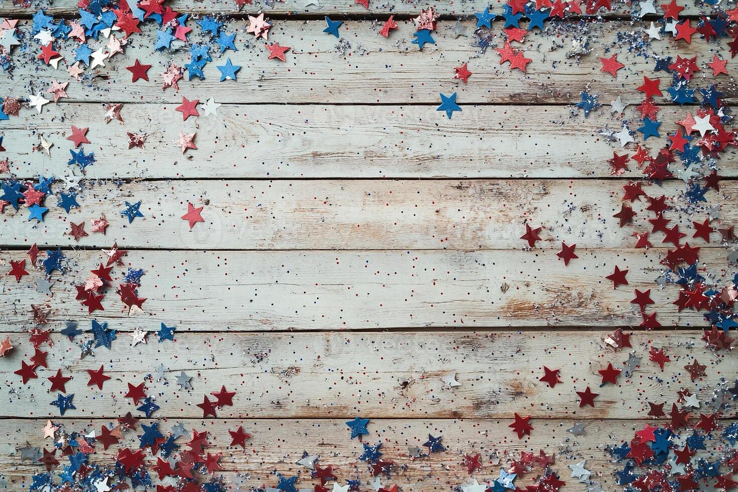 Rustic wooden plank background with scattered red white and blue star-shaped confetti for festive patriotic celebrations - Variant 14 photo