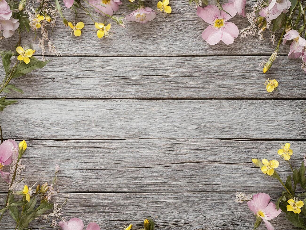 Rustic wooden plank background bordered with vibrant pink and yellow spring flowers creating a fresh seasonal frame - Variant 16 photo