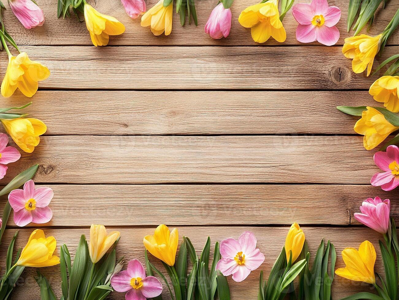 Rustic wooden plank background bordered with vibrant pink and yellow spring flowers creating a fresh seasonal frame - Variant 17 photo