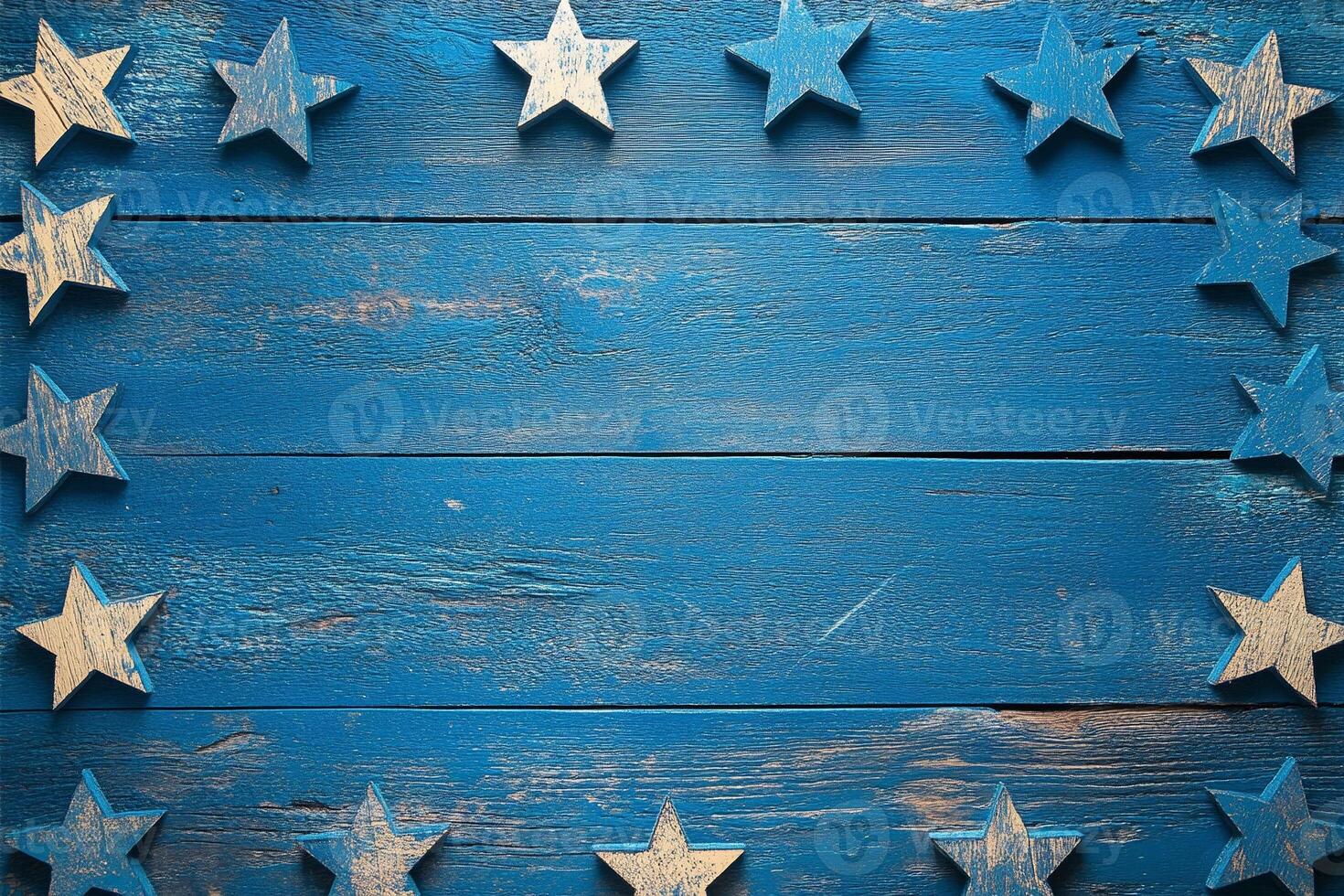 Rustic blue wooden plank background bordered by weathered star decoration frame for patriotic or festive themes photo