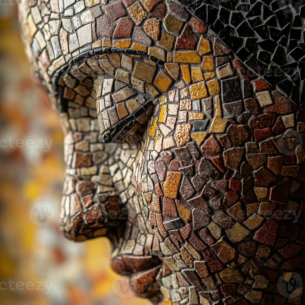 Macro photo of a mosaic Buddha face made from intricate colorful tiles with detailed textures - Variant 23