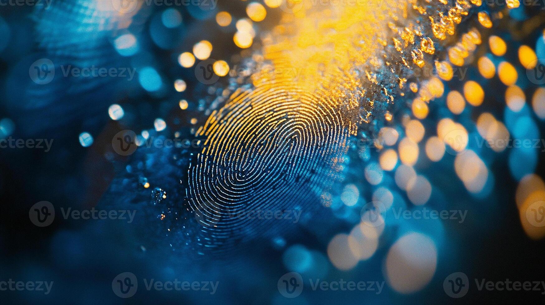 Macro of a fingerprint illuminated by vibrant blue and golden bokeh lights with intricate texture details photo