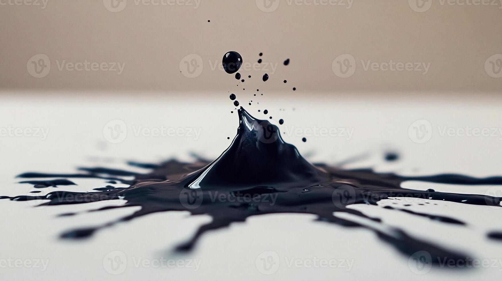 Macro photography of a single droplet of black ink splashing and spreading on a white textured surface in high contrast - Variant 38 photo