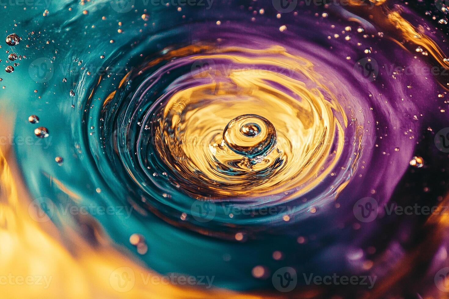 Macro photography of swirling oil and water patterns with vibrant golden and purple reflections creating abstract textures - Variant 41 photo