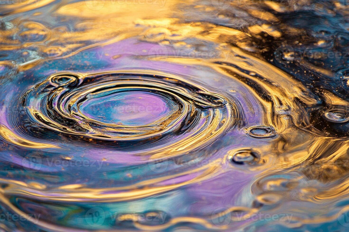 Macro photography of swirling oil and water patterns with vibrant golden and purple reflections creating abstract textures - Variant 42 photo