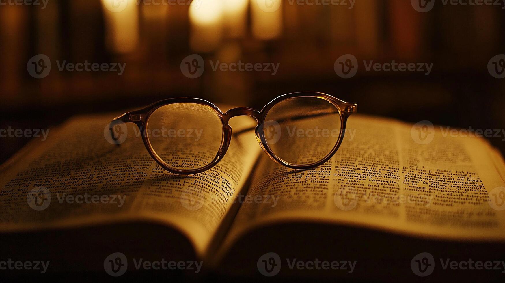 horizontal Close up of pair of vintage round glasses resting on an open book in a warmly lit library setting photo