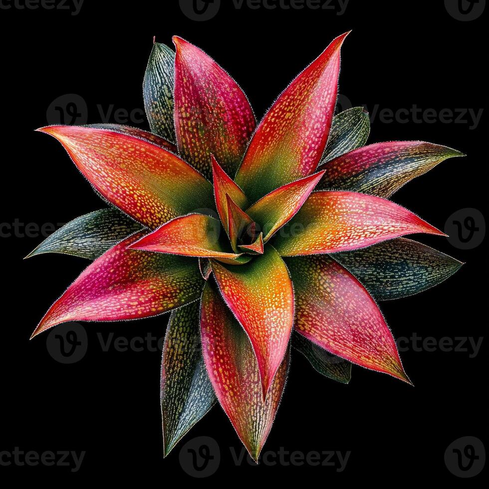 Top down view of vibrant colorful bromeliad plant leaves with deep textures and gradient hues on black background photo