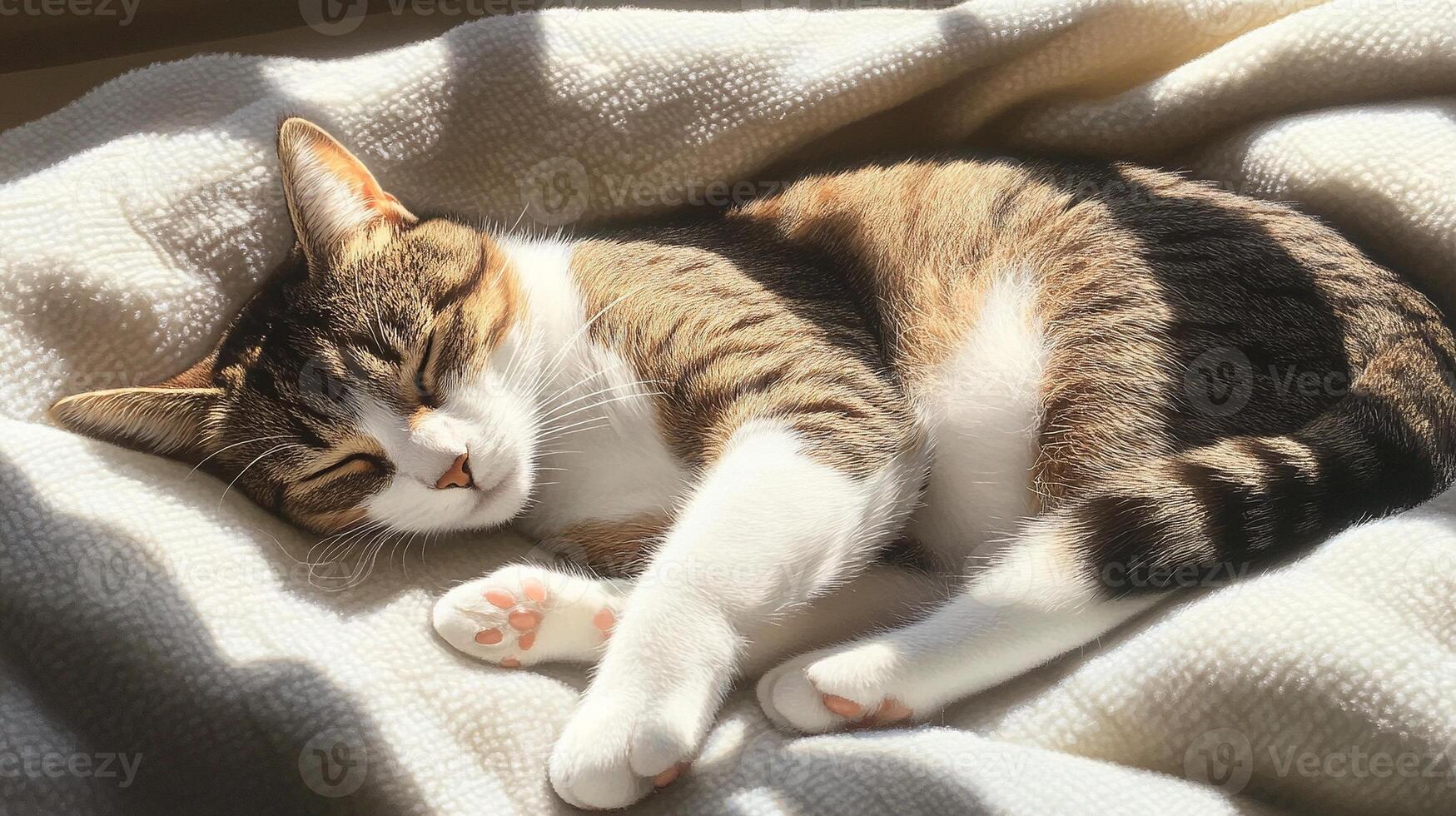 Relaxed tabby cat resting on a cozy blanket with sunlight streaming through window creating a serene warm ambiance photo