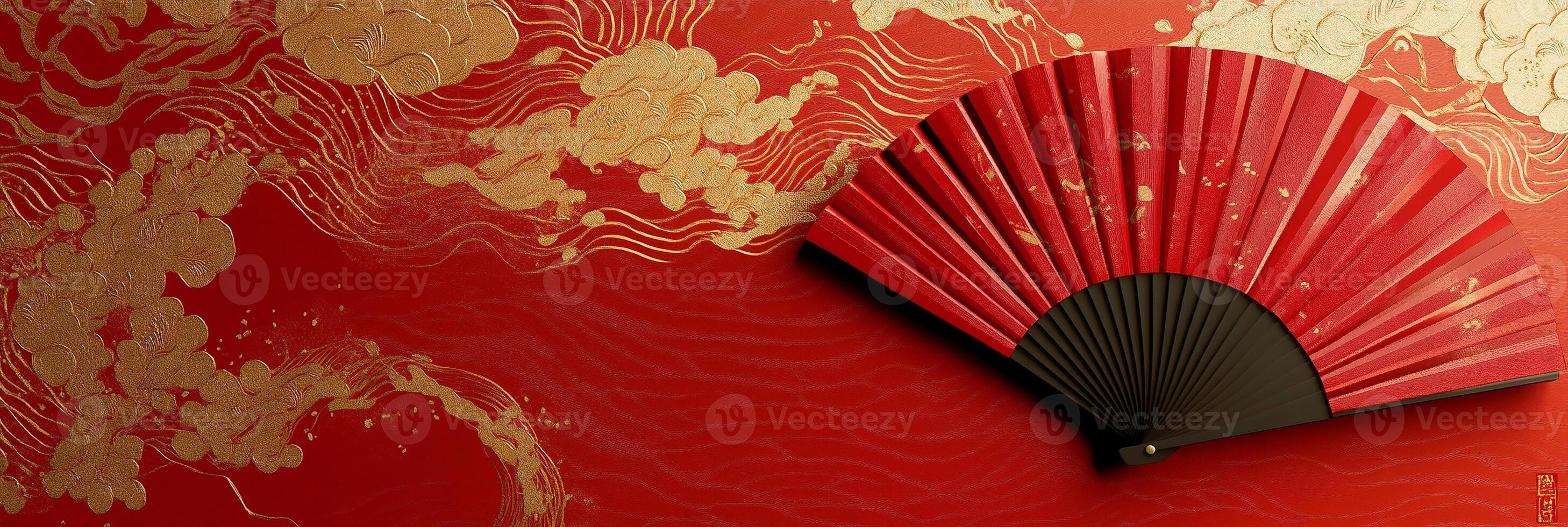 Traditional flat design of floral patterned red and gold fan set on a red backdrop photo