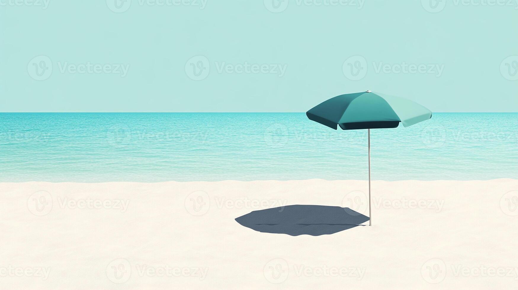 Minimalist beach umbrella cast shadow on serene sandy shore with calm blue sea and clear sky photo