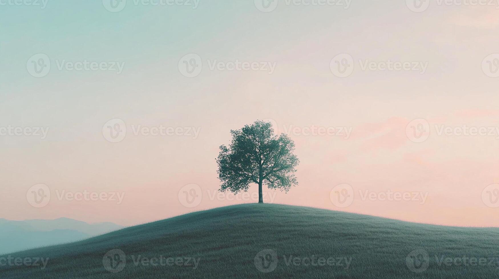 Serene lone tree on grassy hill top at sunrise showcasing pastel sky gradients and tranquil nature photo