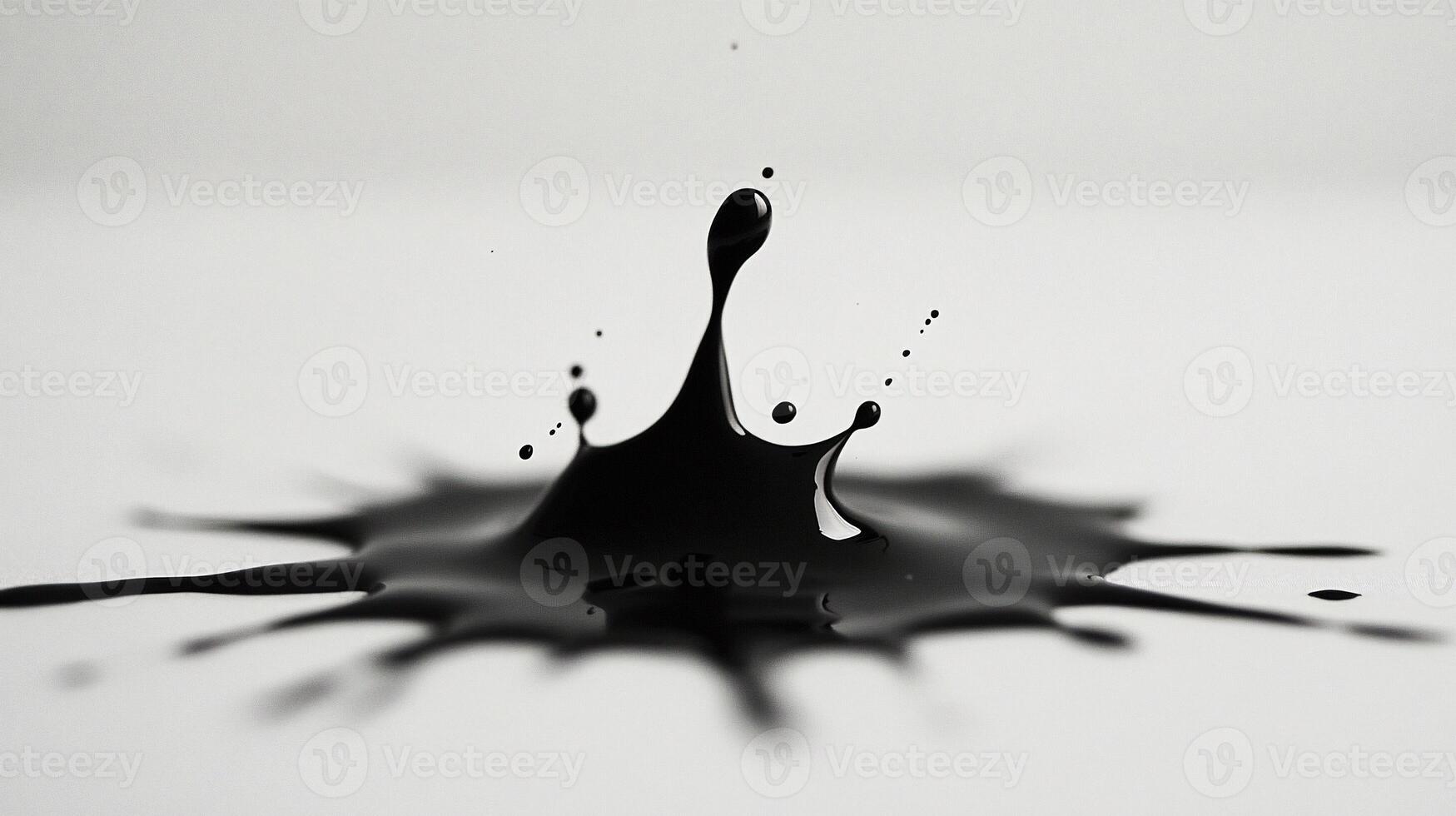 Single black drop of liquid suspended in midair with ripple impact creating a mesmerizing minimalistic abstract design photo