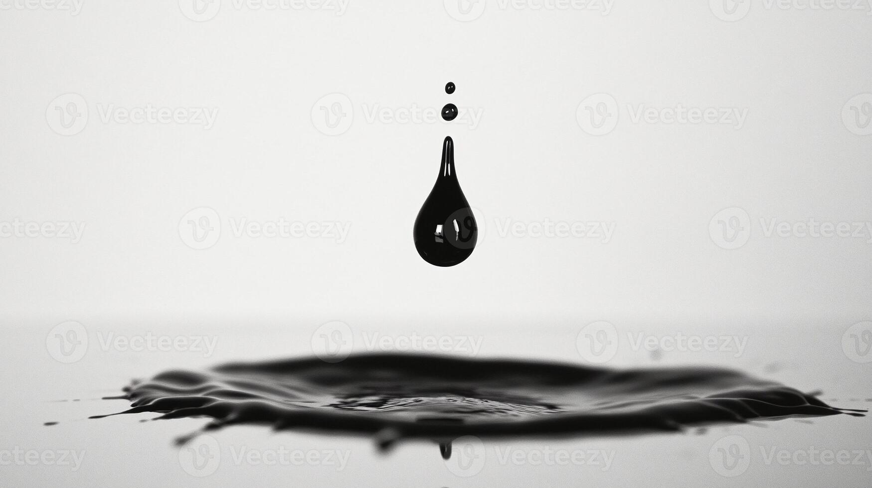 Single black drop of liquid suspended in midair with rippling impact creating mesmerizing minimalistic abstract design photo