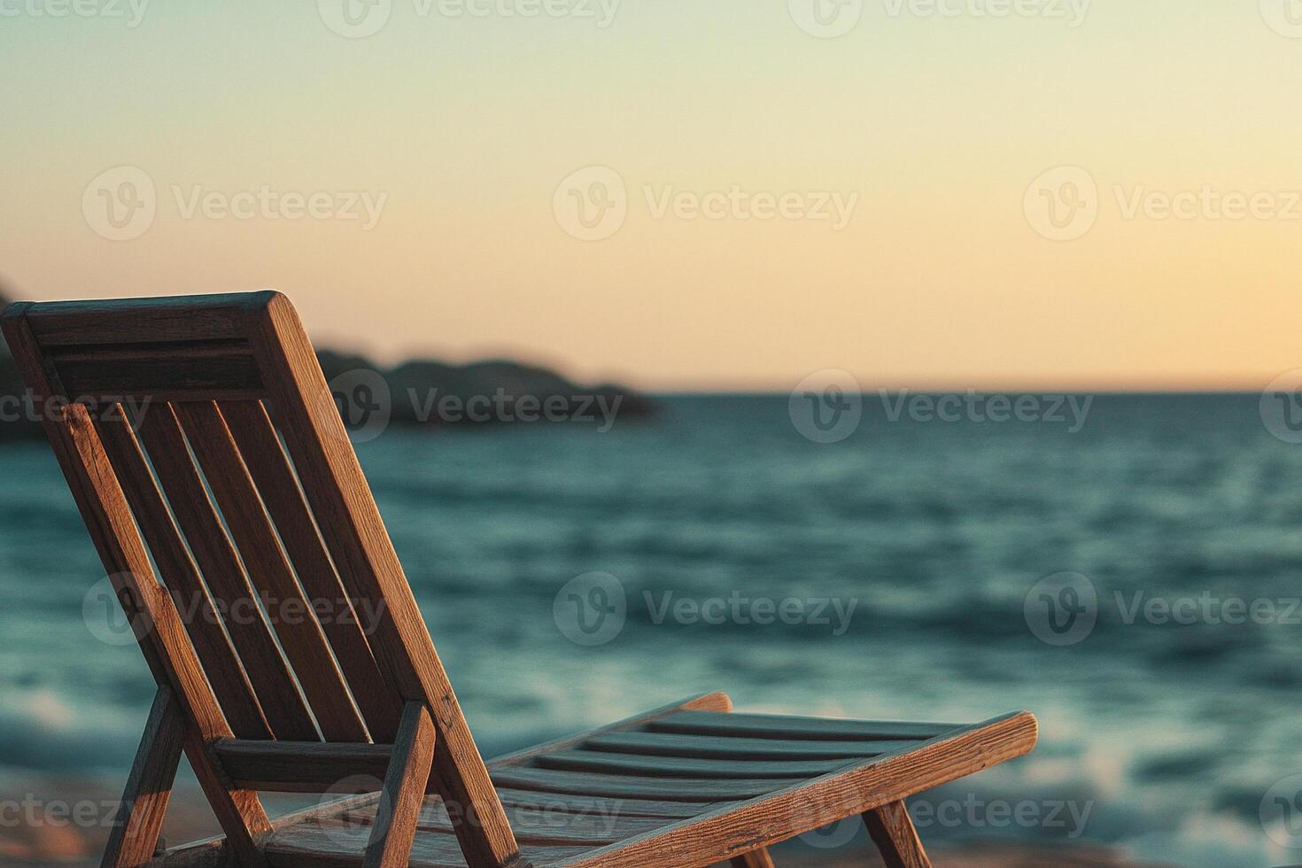 Wooden deck chair facing serene ocean waves at golden hour relaxing coastal scenery beachside tranquility photo