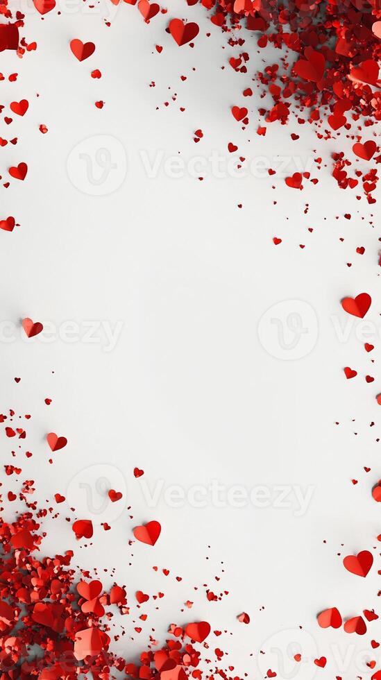 Minimalist scattering of red paper hearts on white background symbolizing love passion and celebration in simplicity with copyspace photo
